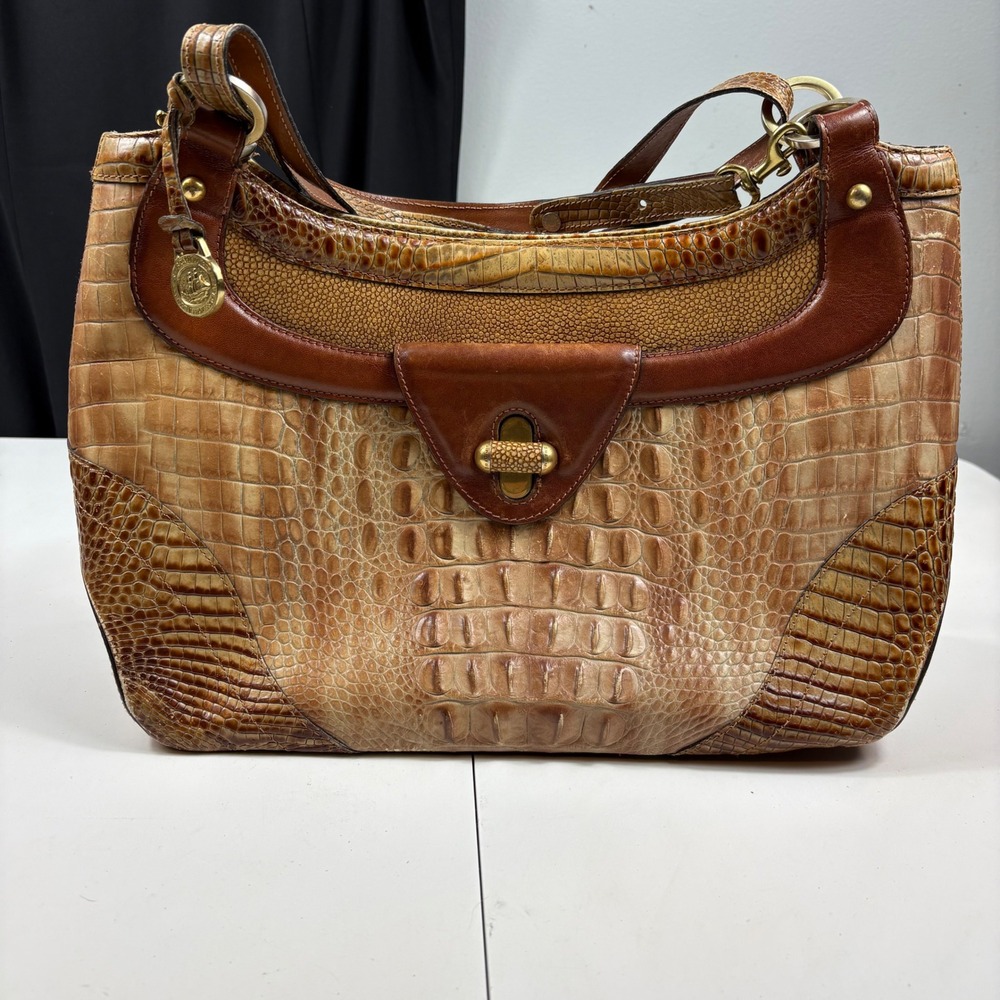 Brahmin Toasted Almond Croc Embossed Leather Tote Shoulder Bag Pecan